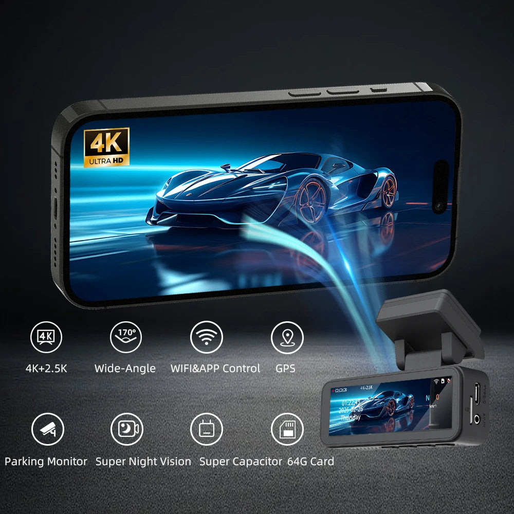 QOZ 4K Araç Kamerası Çift Lens 2.5K Arka Kamera WiFi GPS 24 Saat Park Monitörü