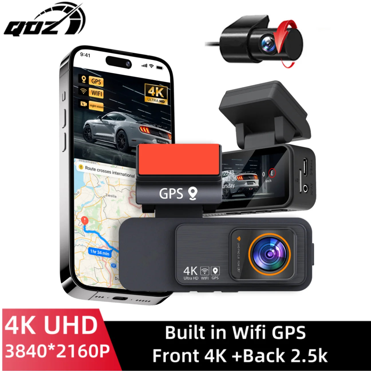 QOZ 4K Araç Kamerası Çift Lens 2.5K Arka Kamera WiFi GPS 24 Saat Park Monitörü